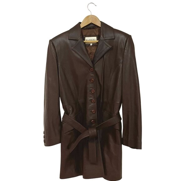 Vintage Y2K Mardini Womens Brown Leather Button-Up Blazer Coat With Belt Size S - Picture 1 of 5